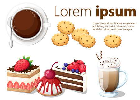 Hand Hold Knife Cut Cake, Cups Tea Coffee Table Celebration Top Angle View Flat Vector Illustration Tea set with tea cups, teapot, sandwiches, cupcakes, cookies, lemon, tea bags and honey jar.のイラスト素材