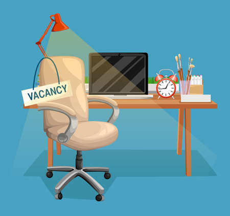 Composition with office chair and a sign vacant. Business hiring and recruiting concept. Vector illustration. Web site page and mobile app design element.のイラスト素材