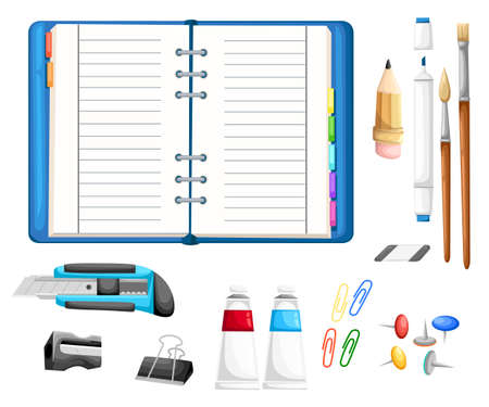 Office desk and workspace concept with flat modern icon design Illustration flat icons of trendy everyday objects, office supplies and business items for daily vector Web site page and mobile design.のイラスト素材