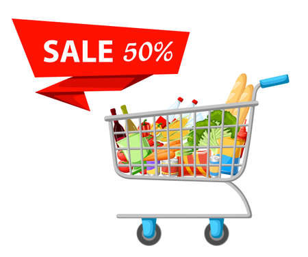 Self-service supermarket full shopping trolley cart with fresh grocery products and red handle realistic vector illustration sale Web site page and mobile app designのイラスト素材