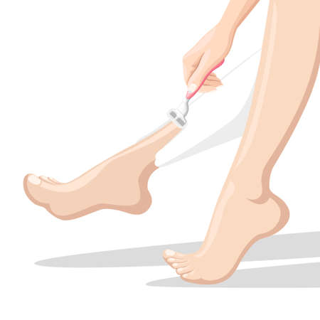Closeup of beautiful woman razoring legs with pink razor Beautiful female legs or feet and different types of hair removal. Bottle of wax, shaving razor and gel, epilatorのイラスト素材