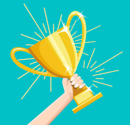 Winner business goal achievement vector concept, flat style happy successful businessman holding golden cup award in hand, leadership idea, first place prize victory, competition.のイラスト素材