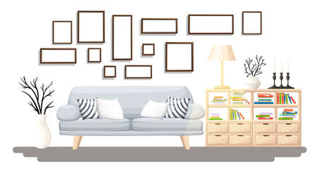 Interior Design. Modern living room with grey sofa, vase, shelf with books and floor lamp. Apartment interior in the flat style.のイラスト素材