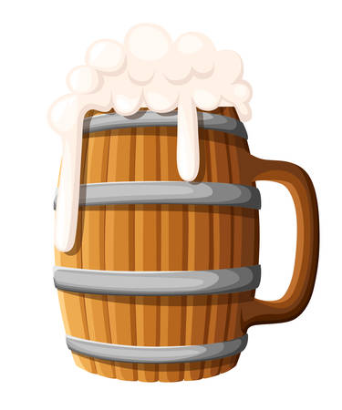 illustration of wooden beer mug on isolated background. Old wood cup of beer, lager or ale with foam head.のイラスト素材