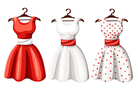 Set of retro pinup cute woman dresses. Short and long elegant black, red and white color polka dot design lady dress collection. Vector art image illustration, isolated on background.のイラスト素材