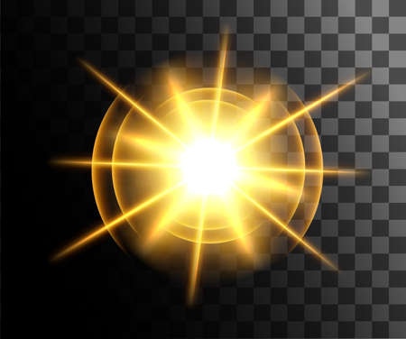 Lens Flare light over checkered background. Glow isolated white transparent effect, explosion, glitter, sun flash, spark and stars. For illustration template art design, banner for Christmas celebration, magic flash energy ray.のイラスト素材