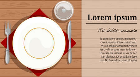 A Vector illustration of a plate set on a red table napkin with fork and knife on the sides. Web site page and mobile app designのイラスト素材