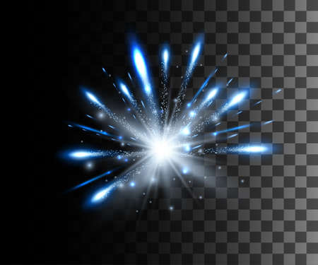 Glow isolated white transparent effect, lens flare, explosion, glitter, line, sun flash, spark and stars over checkered background. For illustration template art design, banner for Christmas celebration, magic flash energy ray.のイラスト素材