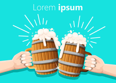 Two hands holding beer in wooden mug with iron rings. Concept of Beer Festival. Vector illustration isolated on turquoise. Knocking effect. Website and mobile appのイラスト素材