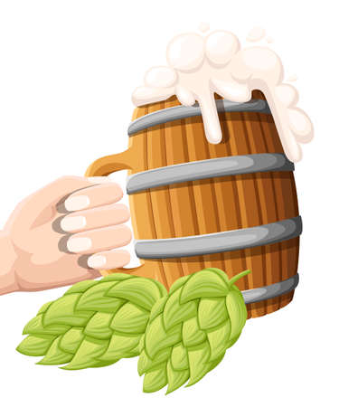 Illustration of wooden beer mug with hop cone on isolated background. Pub and bar menu, alcohol beverage label, brewery symbol design. Website and mobile appのイラスト素材