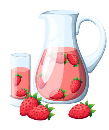 Strawberry fruit drink in the glass pitcher. Strawberry with leaves wholes. Decorative poster, emblem natural product, farmers market. Isolated on white background. Website page and mobile appのイラスト素材