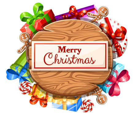 Wooden Christmas board with set of gifts and the inscription with Merry Christmas vector illustration isolated on white background web site page and mobile app design.のイラスト素材