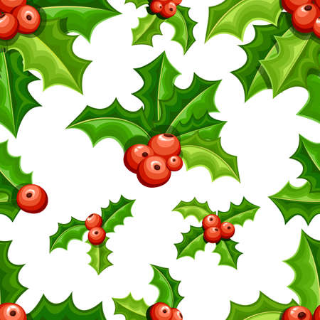 Set of flat mistletoe decoration. Branches with red berries green leaves. Seamless Christmas ornament. Vector illustration isolated on white background. Web site page and mobile app designのイラスト素材