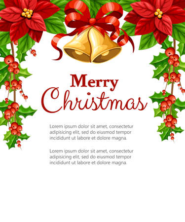 Beautiful red Poinsettia flower and mistletoe with green leaves and two jingle bell with red bow Christmas decoration vector illustration isolated on white background with place for your text.のイラスト素材