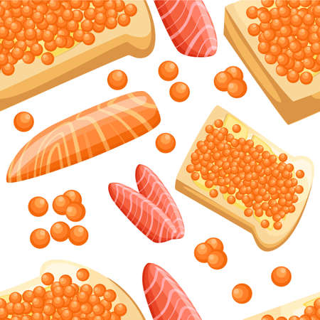 Seamless pattern piece of fresh red salmon fish caviar fillets and tasty bread with butter vector illustration on white background web site page and mobile app design.のイラスト素材