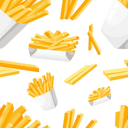 Seamless pattern french fries in white paper box flat style fastfood vector illustration on white background web site page and mobile app design.のイラスト素材