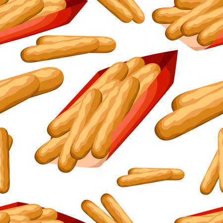 Seamless pattern breaded cheese sticks in red paper box flat style fastfood vector illustration isolated on white background web site page and mobile app design.のイラスト素材
