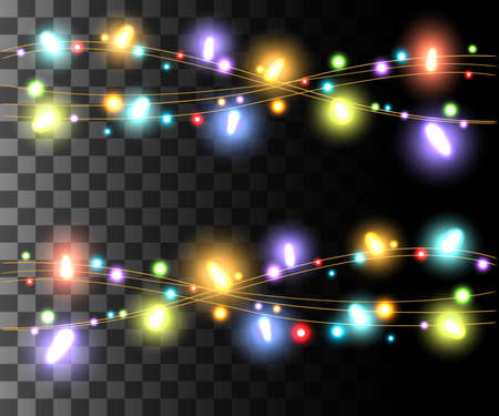 Horizontal glowing light colorful bulbs design for holidays garlands christmas decorations effect isolated on the transparent background website page game and mobile app design.のイラスト素材