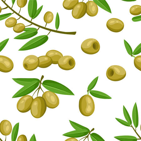 Seamless pattern green olives branch with leaves healthy vegetables and vegetarian fresh organic food vector illustration on white background web site page and mobile app design.のイラスト素材
