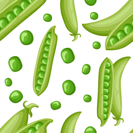 Seamless pattern with open and close pod green peas cartoon style fresh food useful vegetables vector illustration on white background.のイラスト素材
