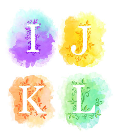 Alphabet with watercolor background white letters i j k l and young branches with leaves isolated on white background website page and mobile app design.のイラスト素材