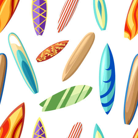 A Seamless pattern with different colorful surfboards cartoon style vector illustration on white background website page and mobile app design.のイラスト素材