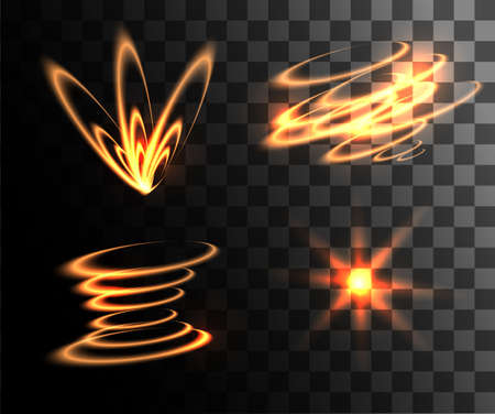 Set of golden vector light effects glowing light rings with particles decoration isolated on the transparent background website page and mobile app design.のイラスト素材