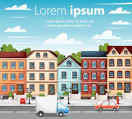 Street with colorful houses fire hydrant lights bench red mailbox and bushes in vases car on roads place for your text cartoon style vector illustration website page and mobile app design.のイラスト素材