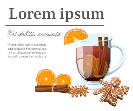 Mulled wine with orange slice gingerbread and cinnamon stick in a transparent cup vector illustration with place for your text isolated on white background website page and mobile app design.のイラスト素材
