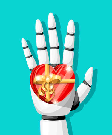 White robot hand or robotic arm for prosthetics holds a gift in the form of a heart with a gold bow vector illustration isolated on turquoise background website page and mobile app design.のイラスト素材