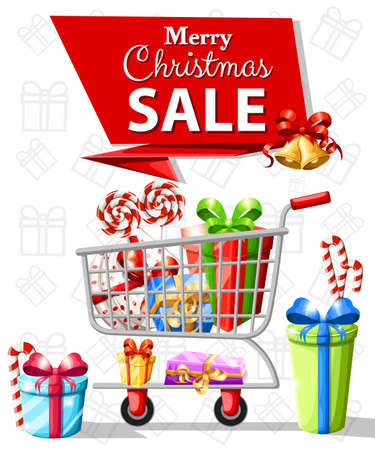 Gift card self-service supermarket full shopping trolley cart with fresh grocery products and red handle flat vector illustration sale web site page and mobile app design.のイラスト素材