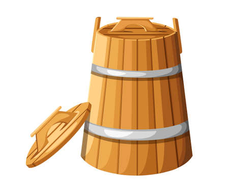 Wooden barrel with handles and lid for herbs vector illustration isolated on white background.のイラスト素材