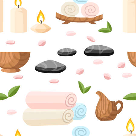 Colorfull spa tools and accessories black basalt massage stones herbs rolled up towel candles and oil vector illustration on white background with place for your text.のイラスト素材