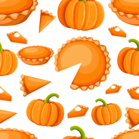 Seamless pattern of traditional American thanksgiving dessert pumpkin sweet pie whole and slice vector illustration on white background website page and mobile app design.のイラスト素材