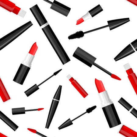 Seamless pattern of makeup mascara tube and lipstick vector illustration on white background website page and mobile app design.のイラスト素材