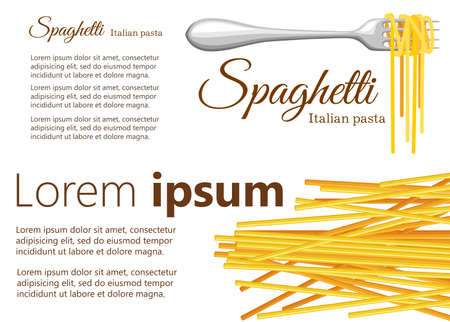 Spaghetti on the fork and raw pasta vector illustration on white background with place for your text website page and mobile app design.のイラスト素材