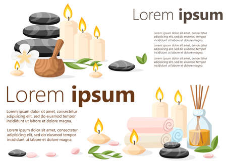 Colorfull spa tools and accessories black basalt massage stones herbs mortar rolled up towel and candles vector illustration on white and blue background with place for your text.のイラスト素材