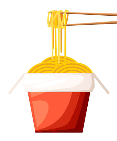 Chinese restaurant take-out red food box with noodles and sticks vector illustration isolated on white background web site page and mobile app design.のイラスト素材
