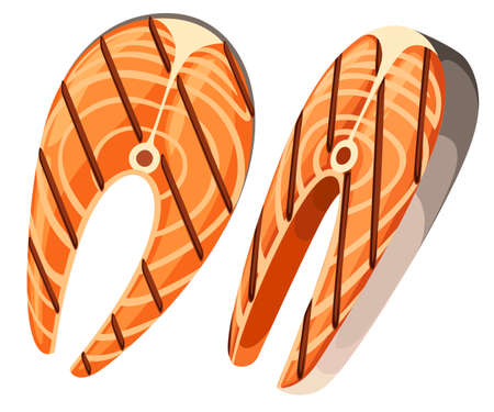 Two pieces of grilled salmon steaks vector illustration isolated on white background web site page and mobile app design.のイラスト素材
