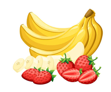Set of fresh strawberry and bananas cut by pieces. Vector illustration isolated on white background.のイラスト素材