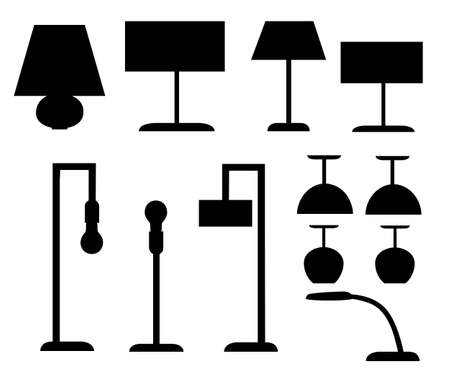Set of black silhouettes different types of lamp, floor and table lamps vector illustration isolated on white background. Web site page and mobile app design.のイラスト素材