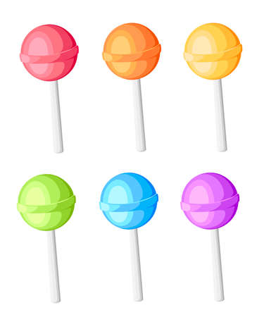 Lollipops collection candy on stick with twisted design sweet candy vector illustration. Icon in cartoon style isolated on white background.のイラスト素材