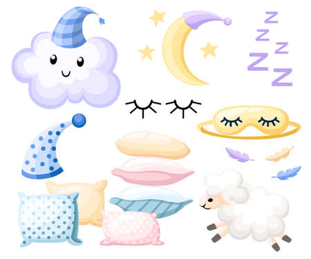 Set of objects for sleep cap for dream pillow different colors lamb cloud moon bandage for eyes on white background vector illustration web site page and mobile app design.のイラスト素材