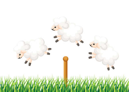 Three sheep jumping over the fence sleep time count sheeps from insomnia on white background with a grass vector illustration web site page and mobile app design.のイラスト素材