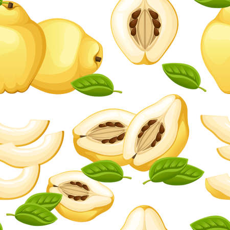Seamless pattern of quince with leaves whole and slices of quinces. Vector illustration of quince. Vector illustration for decorative poster, emblem natural product, farmers market.のイラスト素材
