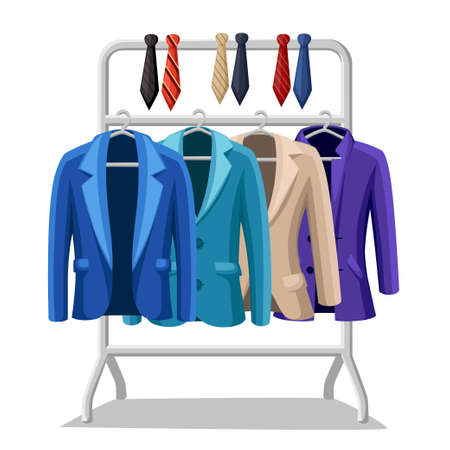Business suit mens jacket four jackets of different colors and types blue green violet beige ties of different colors on a hanger vector illustration on white background.のイラスト素材
