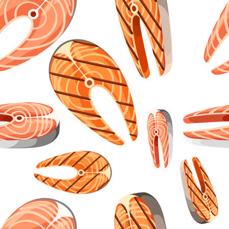Seamless pattern of grilled and fresh salmon steaks vector illustration on white background. Web site page and mobile app design.のイラスト素材