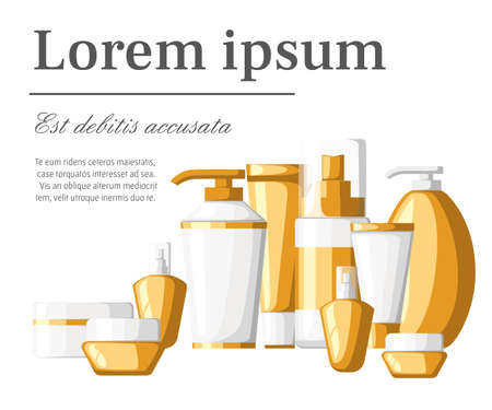 Set of cosmetics contaniers tubes and bottles white and golden plastic containers bottles with spray vector illustration with place for your text isolated on white background.のイラスト素材