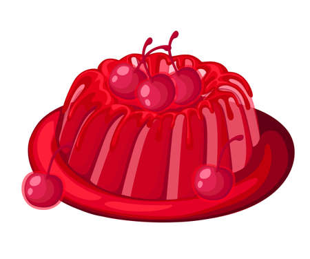 Cute red transparent cherry jelly pie on a plate fruit gelatin dessert decorated cherry vector illustration.のイラスト素材