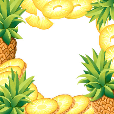 Pineapple of banana and slices of pineapples. Vector illustration with empty space for decorative poster, emblem natural product, farmers market. Website page and mobile app designのイラスト素材